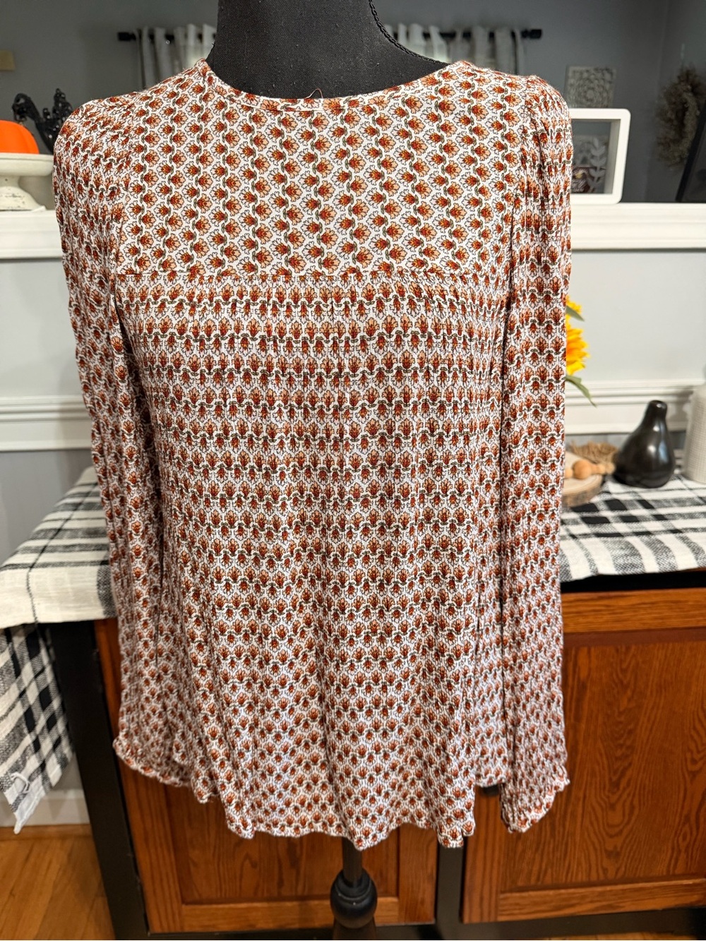 Loft-Brown & Orange Patterned Long-Sleeve Women's Top NWT